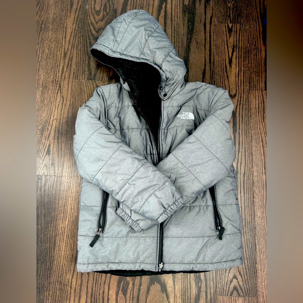 Boys XL gray hooded winter coat. Reversible to black Sherpa-like coat
